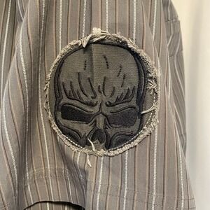 Harley‎ Davidson Button Down Garage Shirt Grey Striped Skull On Sleeve